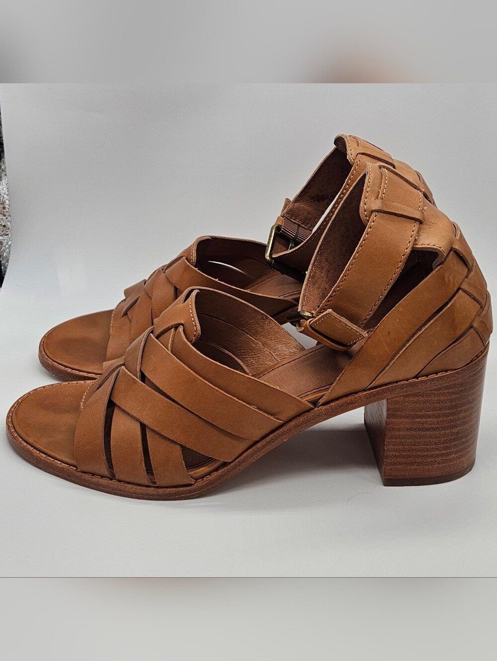 Women's FRYE Tan Woven Leather Block Heel Sandals - Bianca Hurache 2